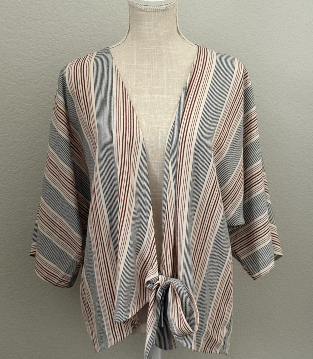 West Kei Costello The Front Kimono Cream Size M Womens NWT Striped Lagenlook
